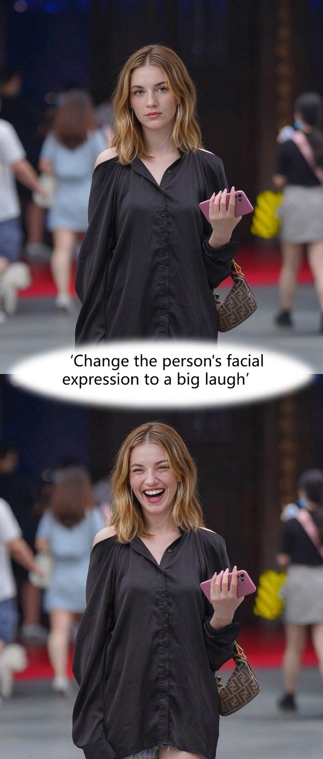 Change the person's facial expression to a big laugh